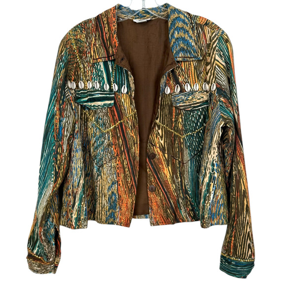 1990s Vintage Tribal Print Jacket Cowrie Shell Button Front Boho Coastal Cowgirl - Picture 1 of 9